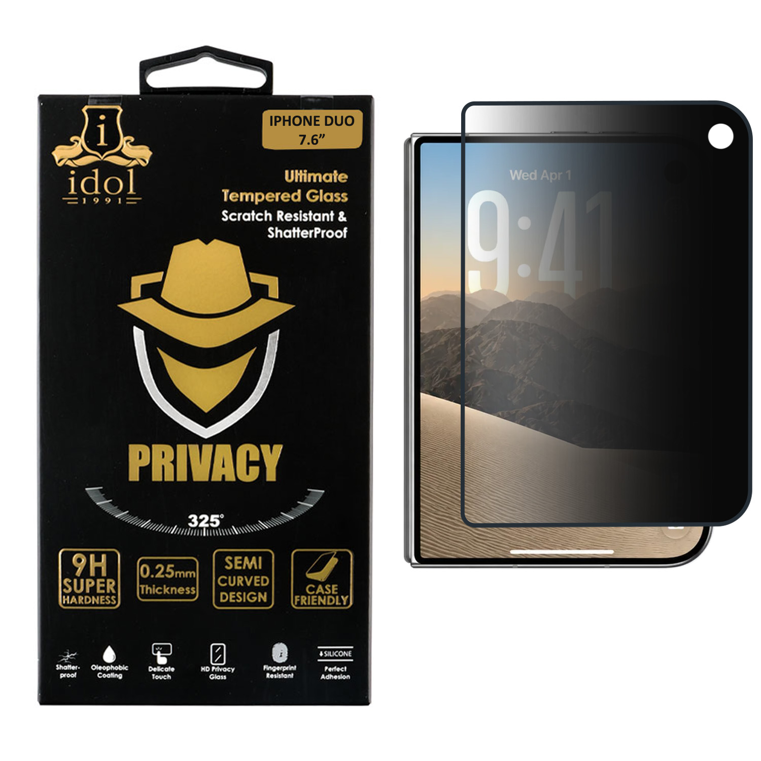 IDOL 1991 PRIVACY ANTISPY TEMPERED GLASS IPHONE DUO 7.6in 9H 0.25mm SEMI CURVED FRONT OUTSIDE FULL GLUE BLACK