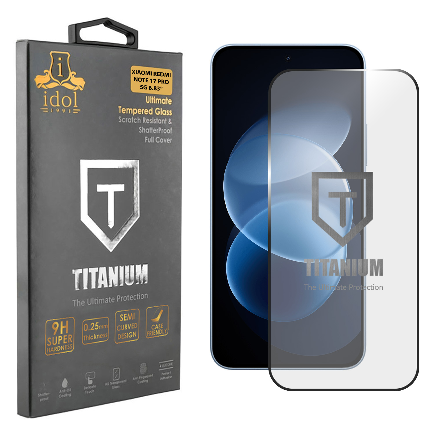 IDOL 1991 TITANIUM TEMPERED GLASS XIAOMI REDMI NOTE 17 PRO 5G 6.83in 9H 0.25mm SEMI CURVED FINGER UNLOCK FULL GLUE BLACK
