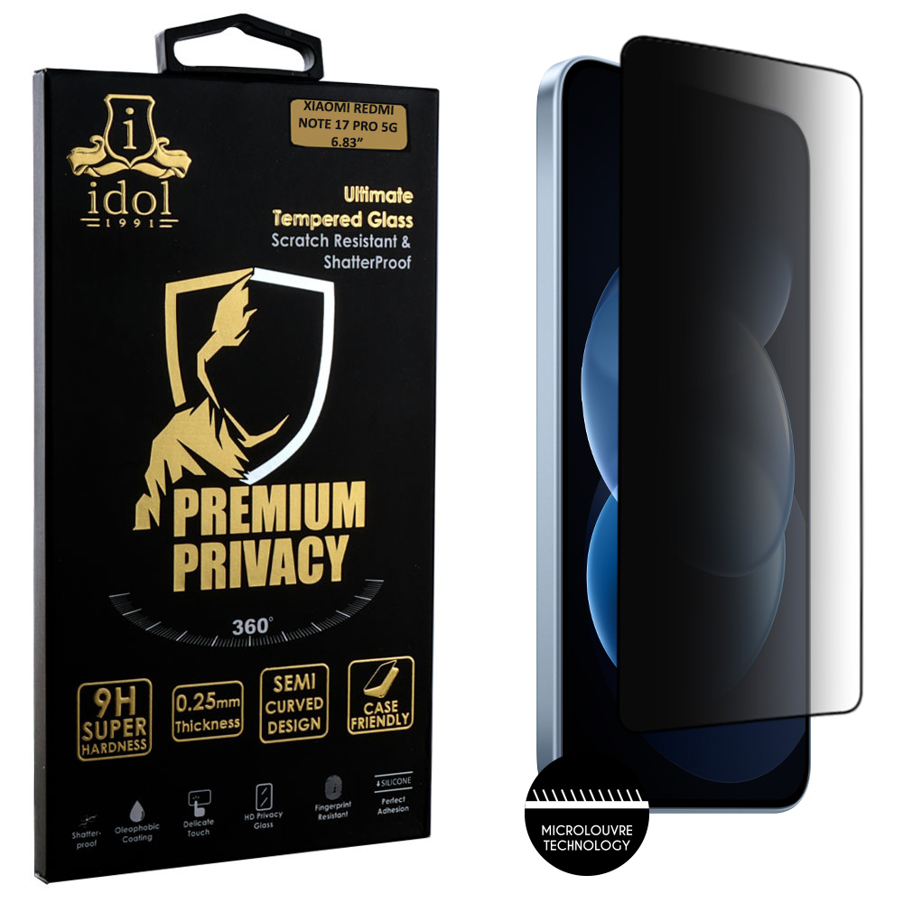 IDOL 1991 PREMIUM PRIVACY ANTISPY TEMPERED GLASS XIAOMI REDMI NOTE 17 PRO 5G 6.83in 9H 0.25mm SEMI CURVED FULL GLUE BLACK