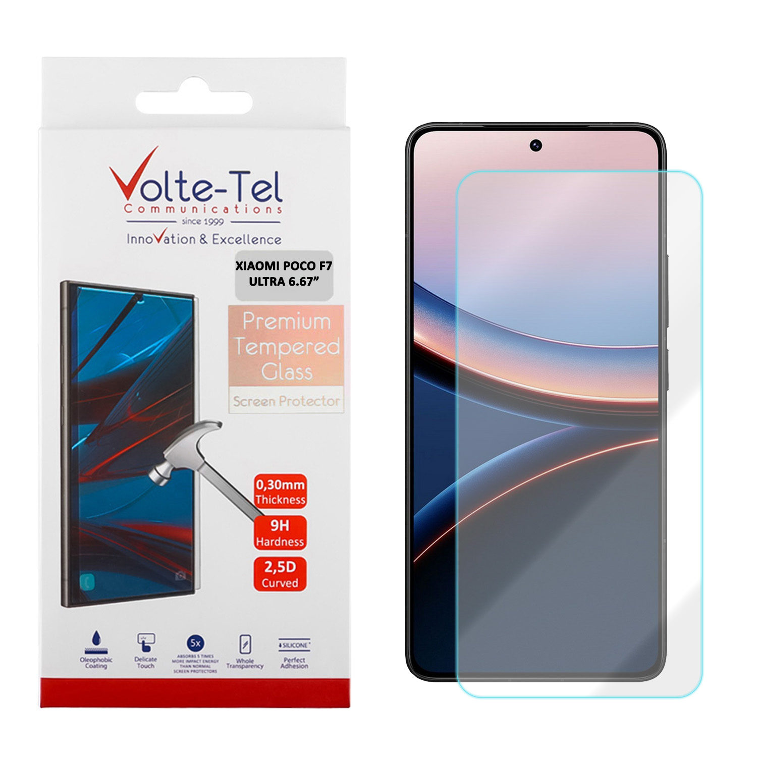 VOLTE-TEL TEMPERED GLASS XIAOMI POCO F7 ULTRA 6.67in FINGER UNLOCK 9H 0.20mm 2.5D FULL GLUE