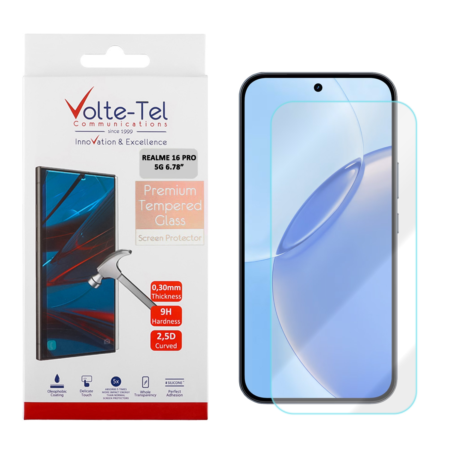 VOLTE-TEL TEMPERED GLASS REALME 16 PRO 5G 6.78in 9H 0.20mm 2.5D FINGER UNLOCK FULL GLUE