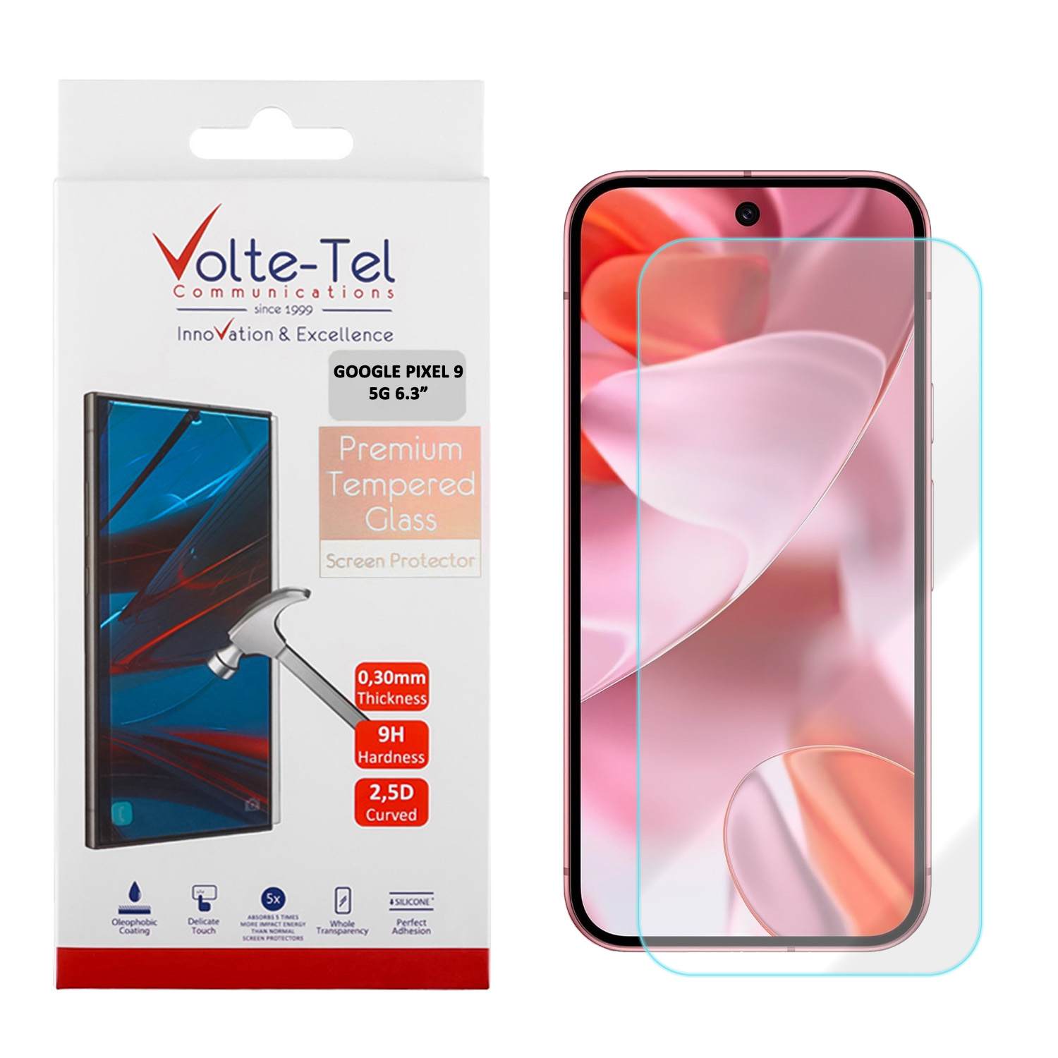 VOLTE-TEL TEMPERED GLASS GOOGLE PIXEL 9 5G 6.3in 9H 0.20mm 2.5D FINGER UNLOCK FULL GLUE