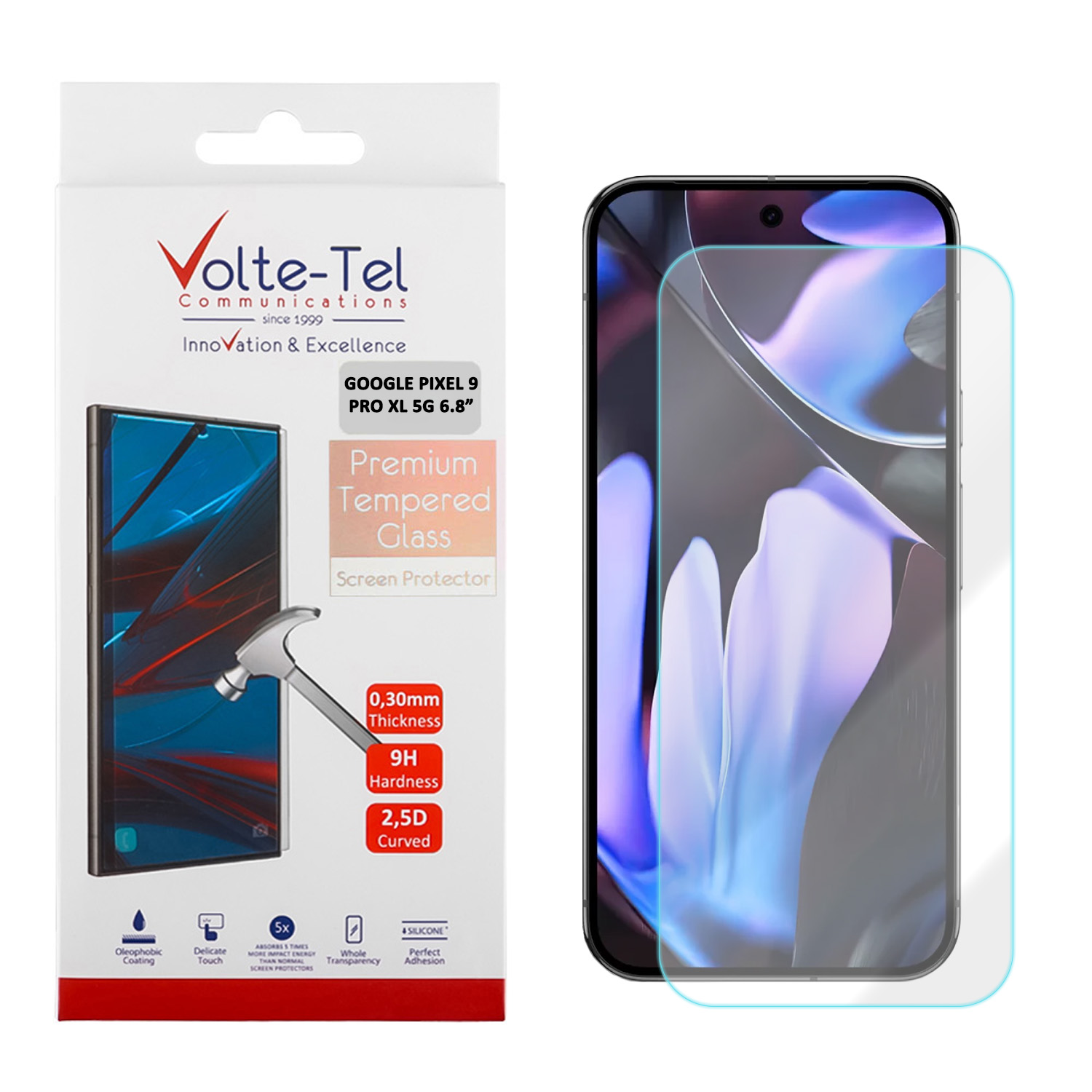 VOLTE-TEL TEMPERED GLASS GOOGLE PIXEL 9 PRO XL 5G 6.8in 9H 0.20mm 2.5D FINGER UNLOCK FULL GLUE