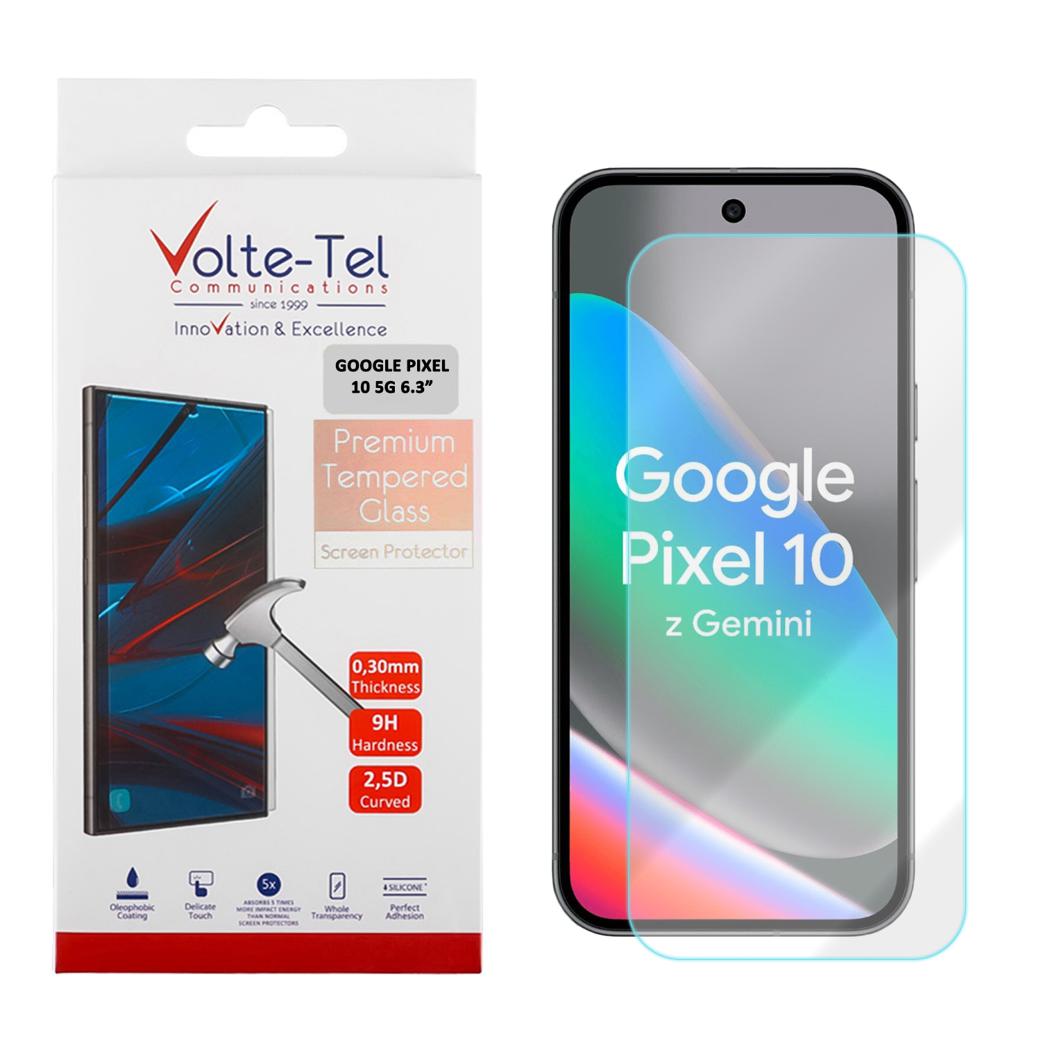 VOLTE-TEL TEMPERED GLASS GOOGLE PIXEL 10 5G 6.3in 9H 0.20mm 2.5D FINGER UNLOCK FULL GLUE