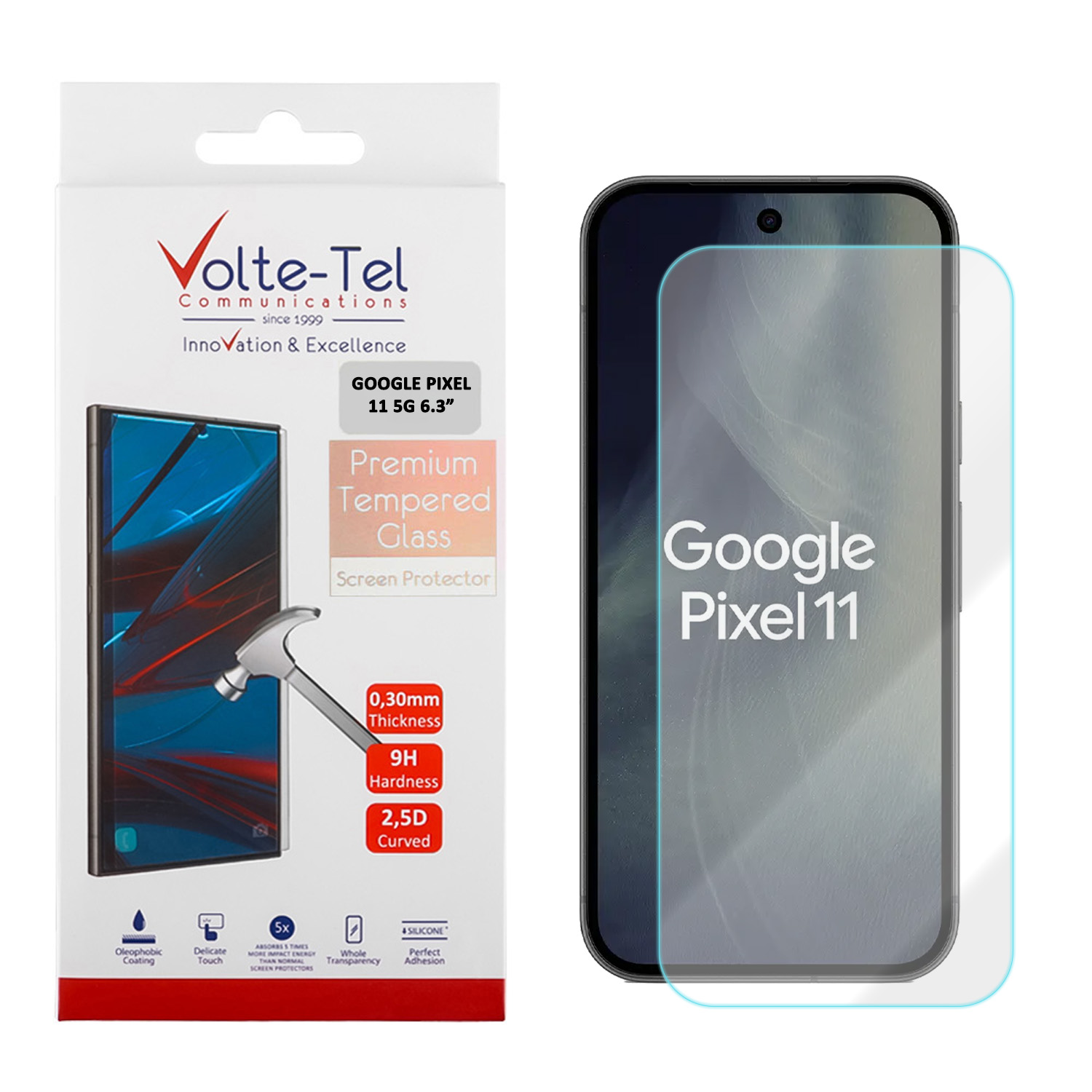 VOLTE-TEL TEMPERED GLASS GOOGLE PIXEL 11 5G 6.3in 9H 0.20mm 2.5D FINGER UNLOCK FULL GLUE