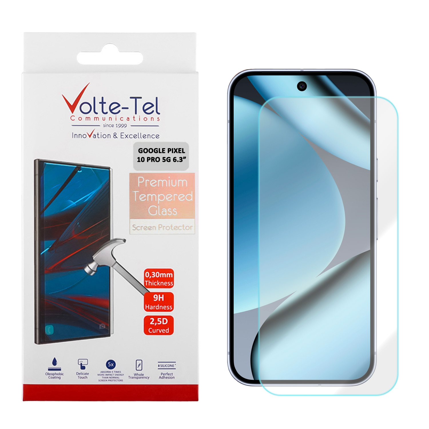 VOLTE-TEL TEMPERED GLASS GOOGLE PIXEL 10 PRO 5G 6.3in 9H 0.20mm 2.5D FINGER UNLOCK FULL GLUE