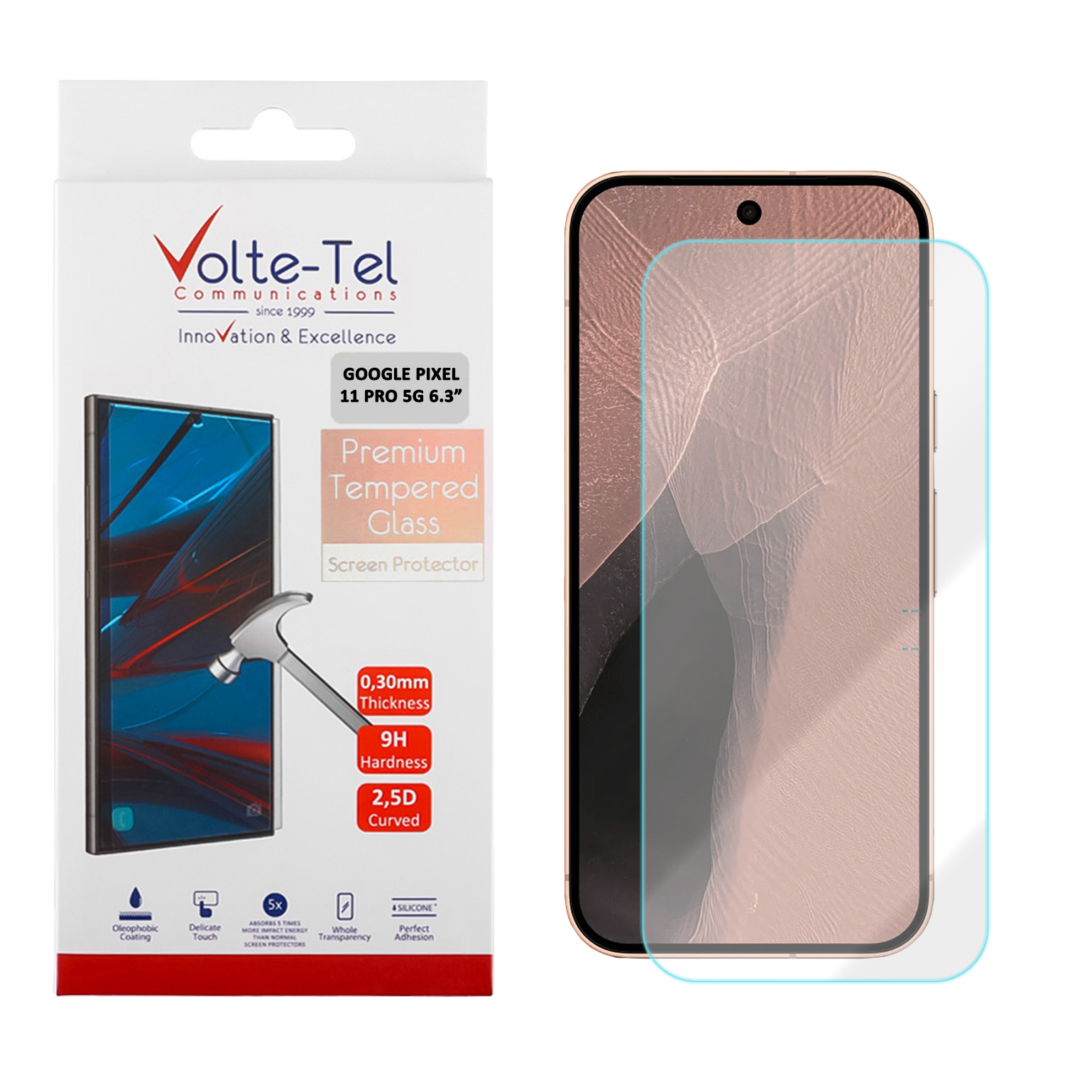 VOLTE-TEL TEMPERED GLASS GOOGLE PIXEL 11 PRO 5G 6.3in 9H 0.20mm 2.5D FINGER UNLOCK FULL GLUE