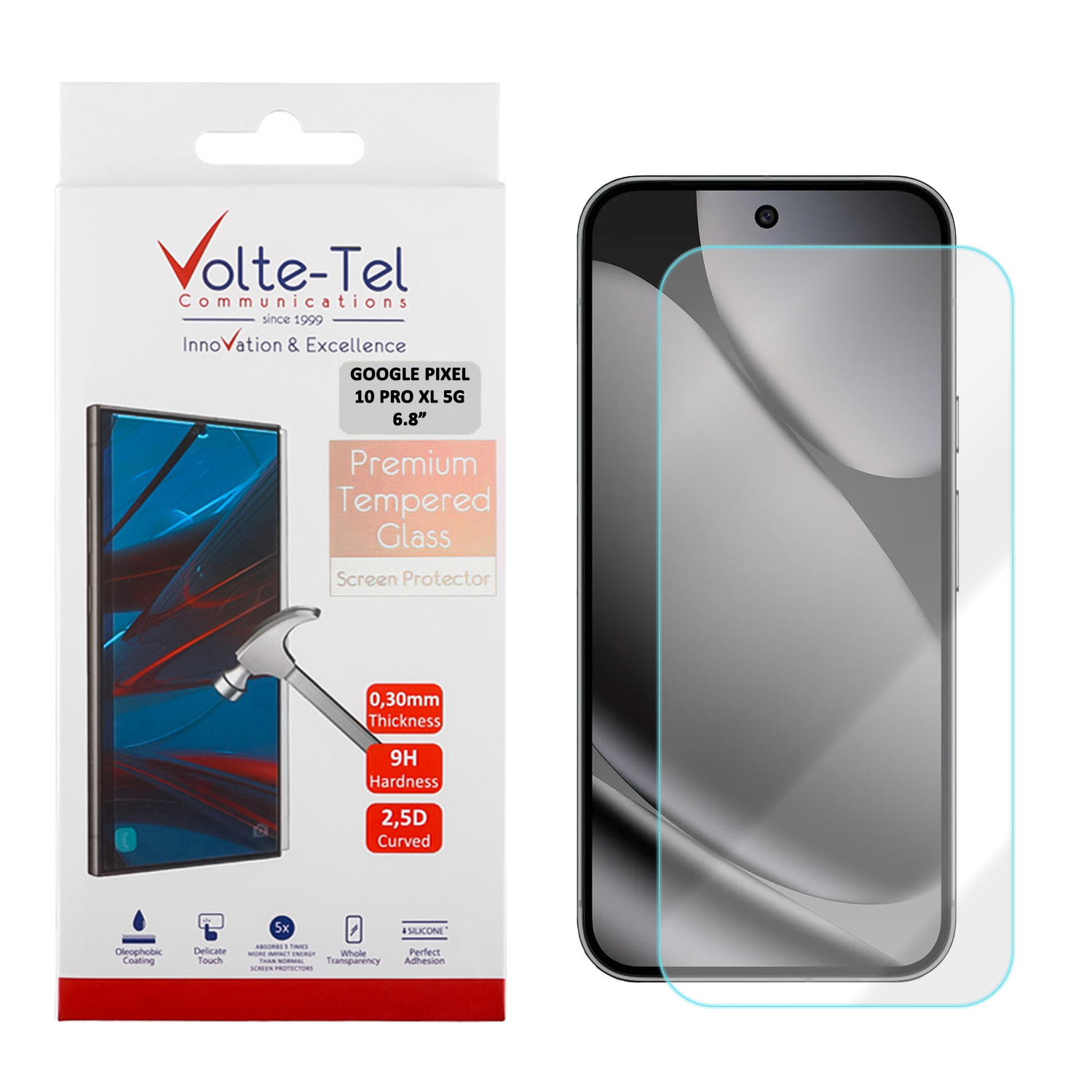 VOLTE-TEL TEMPERED GLASS GOOGLE PIXEL 10 PRO XL 5G 6.8in 9H 0.20mm 2.5D FINGER UNLOCK FULL GLUE