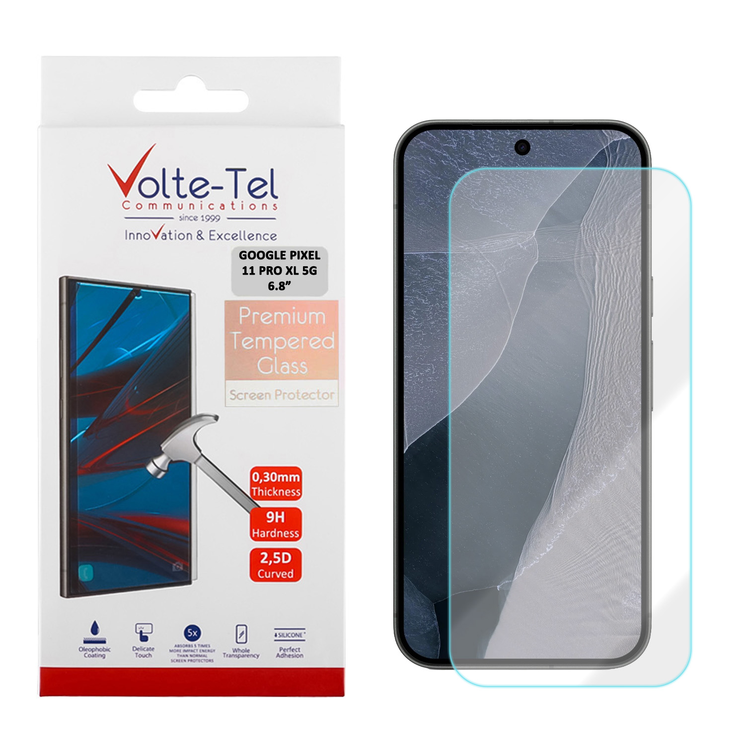 VOLTE-TEL TEMPERED GLASS GOOGLE PIXEL 11 PRO XL 5G 6.8in 9H 0.20mm 2.5D FINGER UNLOCK FULL GLUE