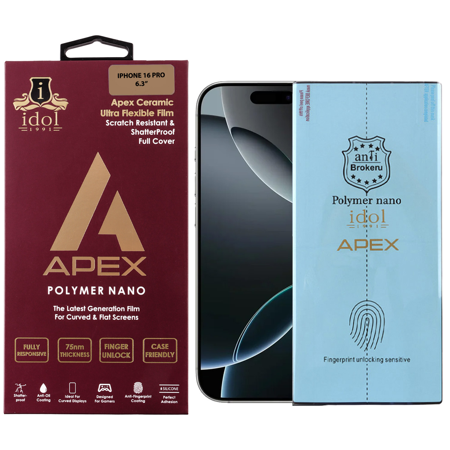 IDOL 1991 APEX POLYMER NANOTECH FILM IPHONE 16 PRO 6.3in FINGER UNLOCK FULL COVER WITH INSTALLATION KIT