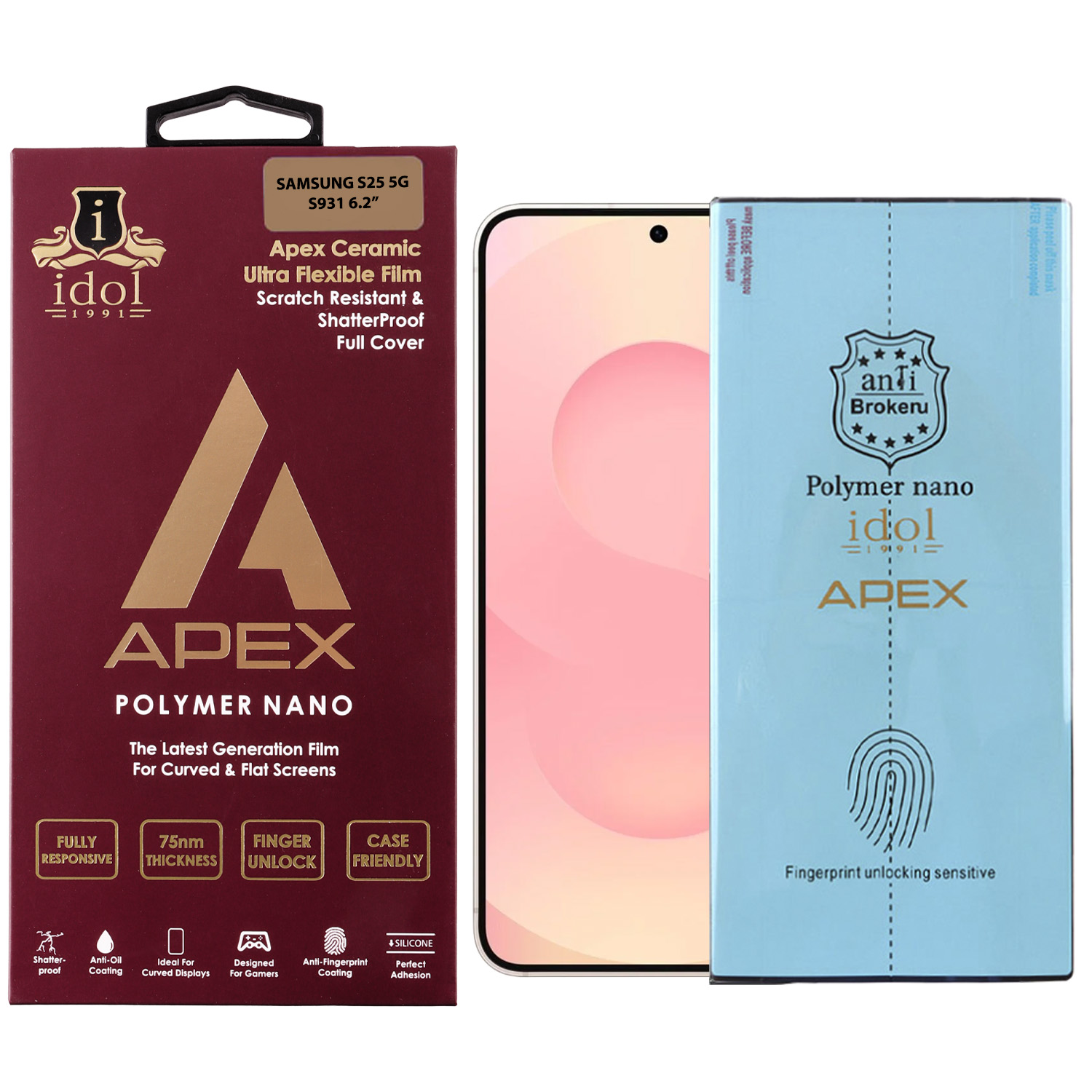 IDOL 1991 APEX POLYMER NANOTECH FILM SAMSUNG S25 5G S931 6.2in FINGER UNLOCK FULL COVER WITH INSTALLATION KIT