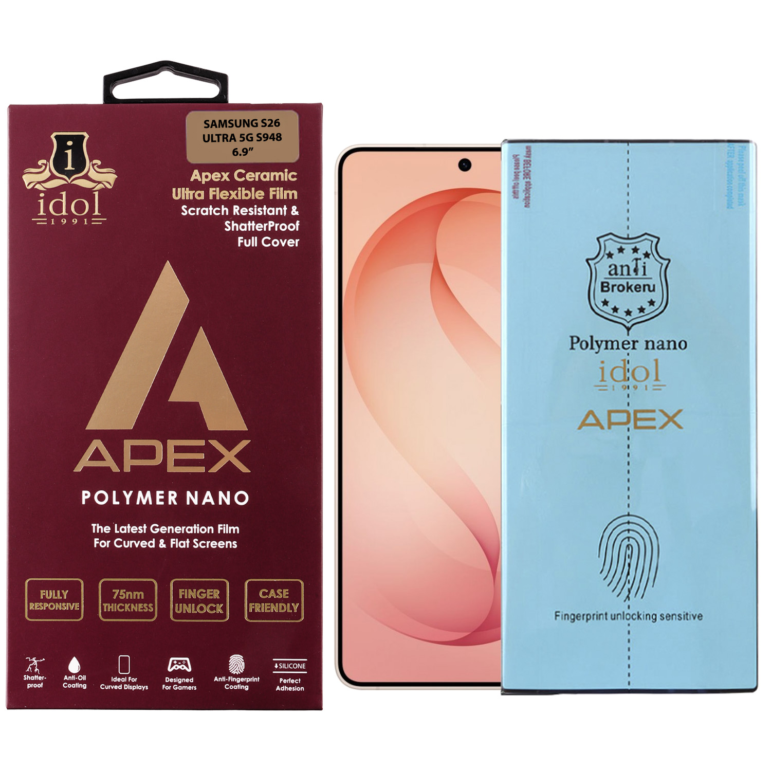 IDOL 1991 APEX POLYMER NANOTECH FILM SAMSUNG S26 ULTRA 5G S948 6.9in FINGER UNLOCK FULL COVER WITH INSTALLATION KIT