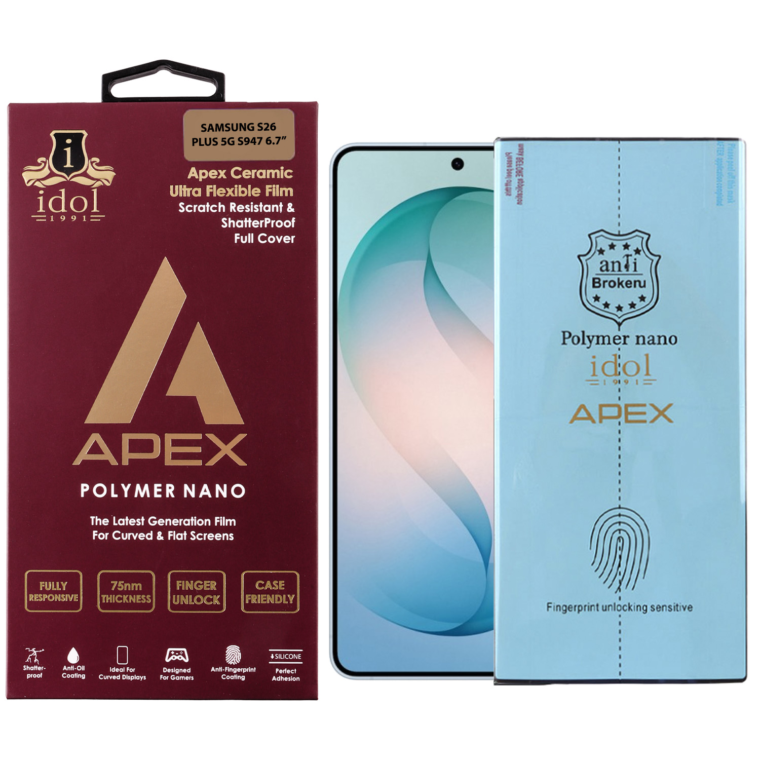 IDOL 1991 APEX POLYMER NANOTECH FILM SAMSUNG S26 PLUS 5G S947 6.7in FINGER UNLOCK FULL COVER WITH INSTALLATION KIT