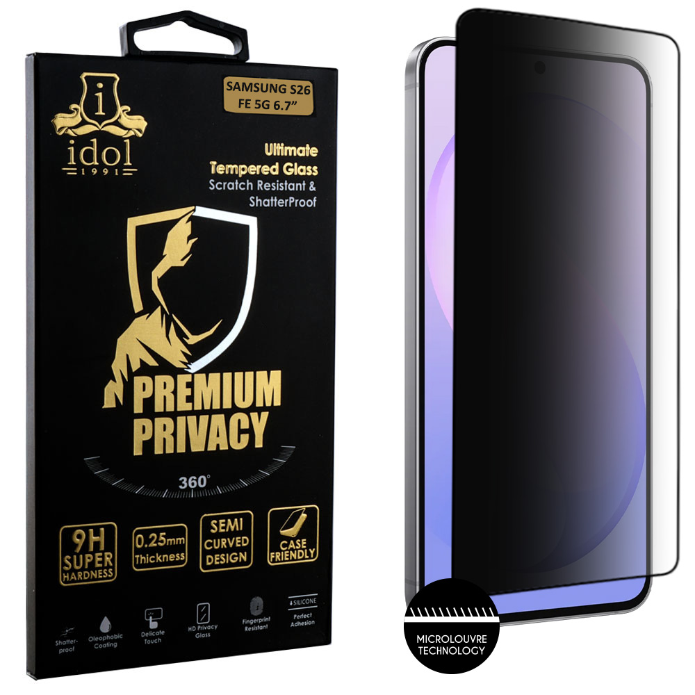 IDOL 1991 PREMIUM PRIVACY ANTISPY TEMPERED GLASS SAMSUNG S26 FE 5G 6.7in 9H 0.25mm SEMI CURVED FINGER UNLOCK FULL GLUE BLACK