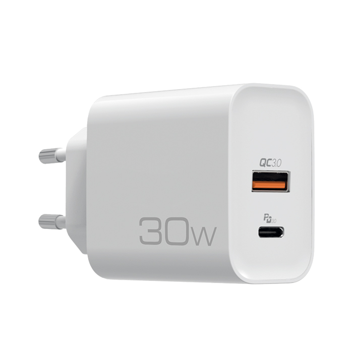 Universal wall charger USB-A QC 3.0 & USB-C PD3.0 30W, in white color. - NOD 141-0204