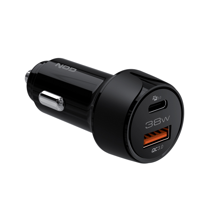 Universal car charger USB-A QC 3.0 & USB-C outputs with PD3.0 38W, in black color. - NOD 141-0205