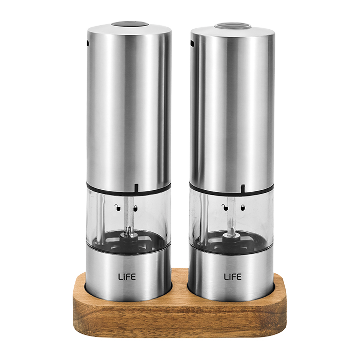 Set of Rechargeable Salt & Pepper Electric grinders with wooden stand - LIFE 221-0407
