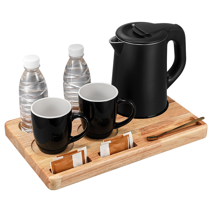 Oak wood welcome tray for hotels with 0.8L water kettle, 1360W and 2 ceramic cups - LIFE 221-0434