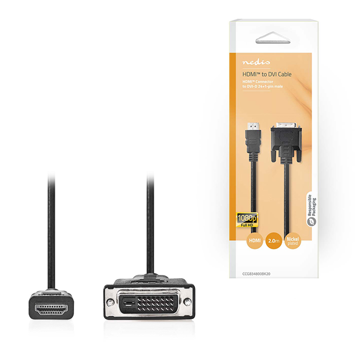 HDMI cable HDMI male - DVI-D 24+1-Pin male 1080p, 2.00m black color. - NEDIS 233-1030