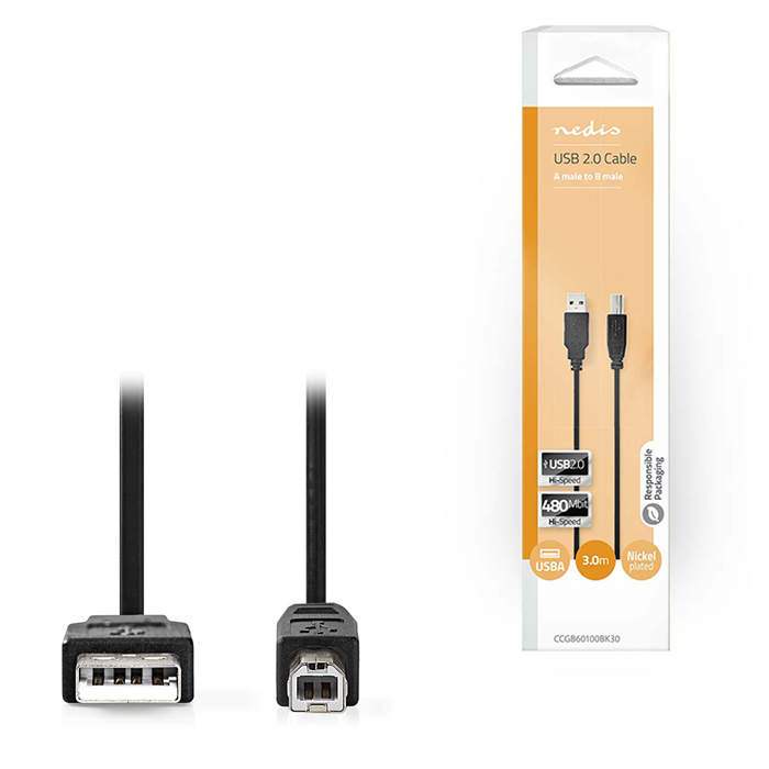 USB 2.0 cable, USB-A male - USB-B male 3.00m black color. - NEDIS 233-1040
