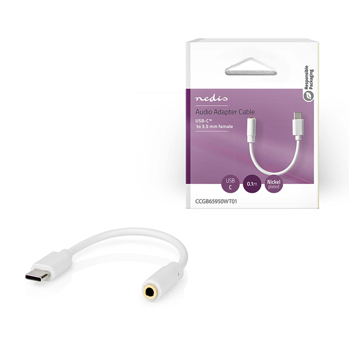 USB-C 2.0 adapter, USB-C male - 3.5 mm female, 0.10m white color. - NEDIS 233-2521