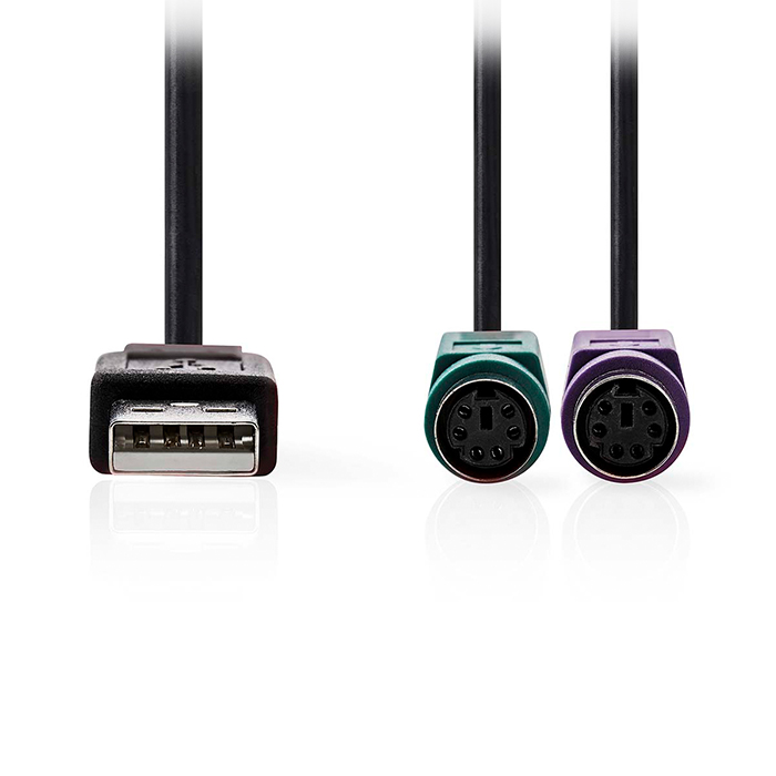 2-in-1 USB 2.0 cable, USB-A male - 2x PS/2 female, 0.30m black color. - NEDIS 233-2522