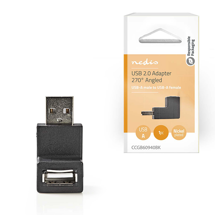 USB 2.0 A adapter, USB-A male - USB-A female, black color. - NEDIS 233-2610