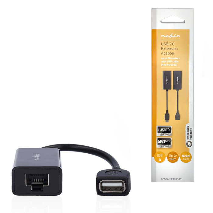 USB 2.0 extender, 1x USB-A male to 1x RJ45 female & 1x USB-A female - 1x RJ45 female with range 50m. - NEDIS 233-2649