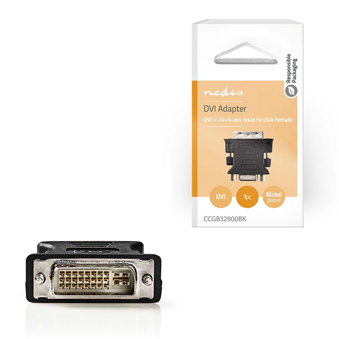 DVI adapter, DVI-I 24+5-Pin male - VGA female black color. - NEDIS 233-2707