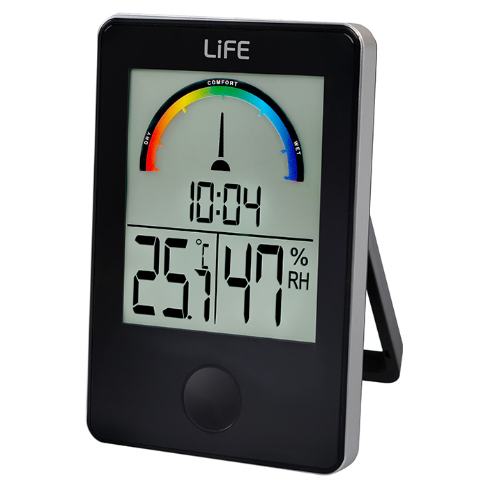 Digital indoor thermometer/hygrometer, with clock and humidity level color display, black color. - LIFE 221-0005