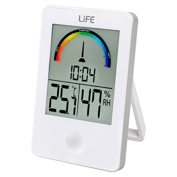 Digital indoor thermometer/hygrometer, with clock and humidity level color display, white color. - LIFE 221-0006