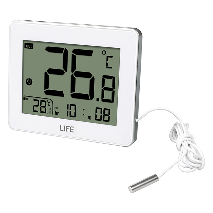Digital indoor and outdoor thermometer, with wired outdoor sensor and clock, white color. - LIFE 221-0010