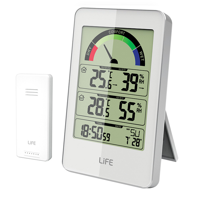 Weather station with wireless outdoor temperature-humidity measurement unit and clock/alarm, white color. - LIFE 221-0026