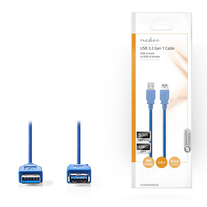 USB USB 3.2 Gen 1x1 A A male - USB Α female cable 2m. - NEDIS 233-0183