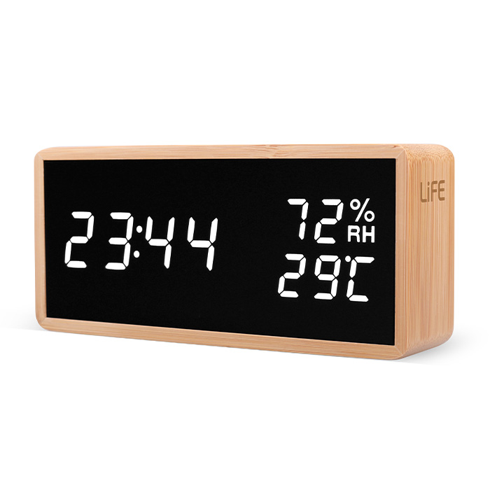 Bamboo digital indoor thermometer/hygrometer with clock, alarm and calendar. - LIFE 221-0109