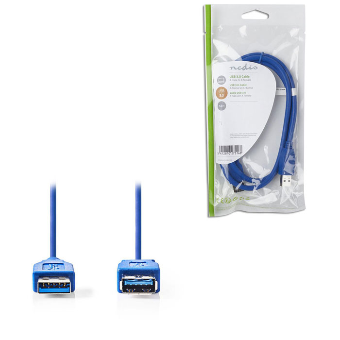 USB 3.2 Gen 1x1 Cable A Male - A Female 1.0 m Blue - NEDIS 233-0679