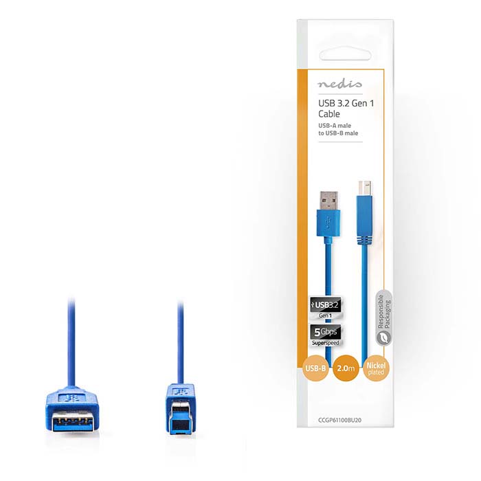 USB USB 3.2 Gen 1x1 Cable A Male - B Male 2.0 m Blue - NEDIS 233-0961