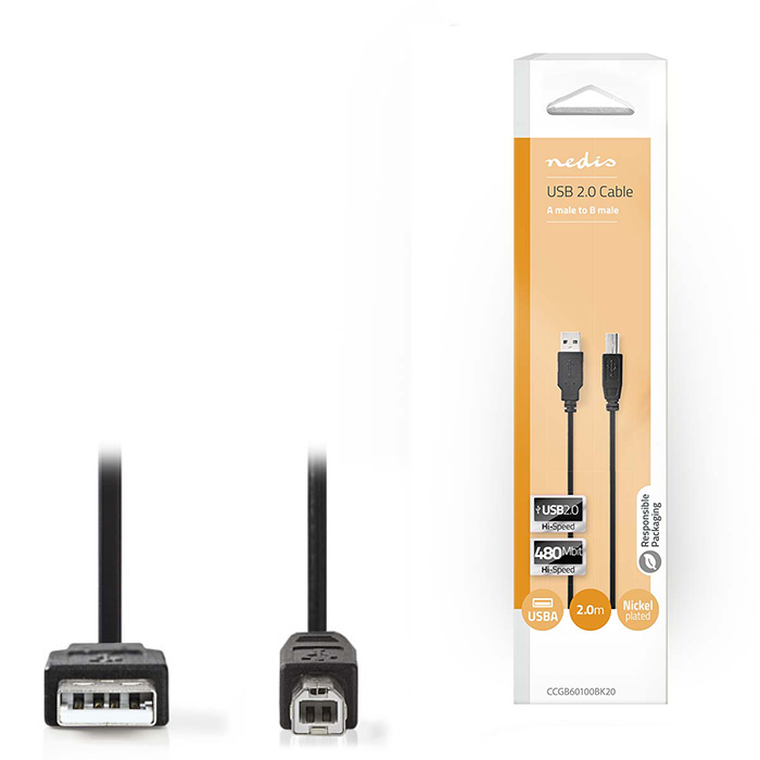 USB High-Speed Cable A Male - B Male 2.00m Black - NEDIS 233-1134