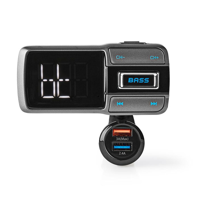 Car FM Transmitter Bluetooth Bass Boost MicroSD Card Slot Hands-Free Calling Voice Control 3.0 A/2.4 A - NEDIS 233-1394