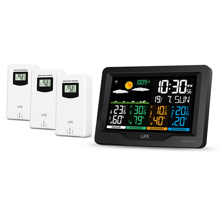 Weather station, with 3 wireless outdoor sensors, color 5.9" color LCD display and clock / alarm. - LIFE 221-0191