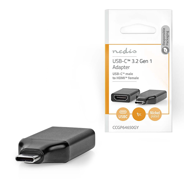 USB Adapter USB 3.2 Gen 1x1 1 USB-C Male HDMI Female Nickel Plated Black / Grey Polybag - NEDIS 233-2099