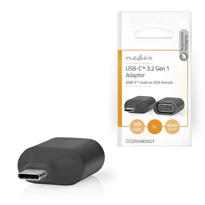 USB Adapter USB 3.2 Gen 1x1 USB-C Male VGA Female Nickel Plated Black / Grey Polybag - NEDIS 233-2100