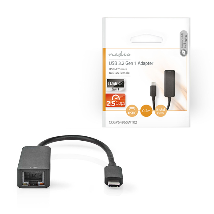 USB Network Adapter USB 3.2 Gen 1 0.2m, Black. - NEDIS 233-2166