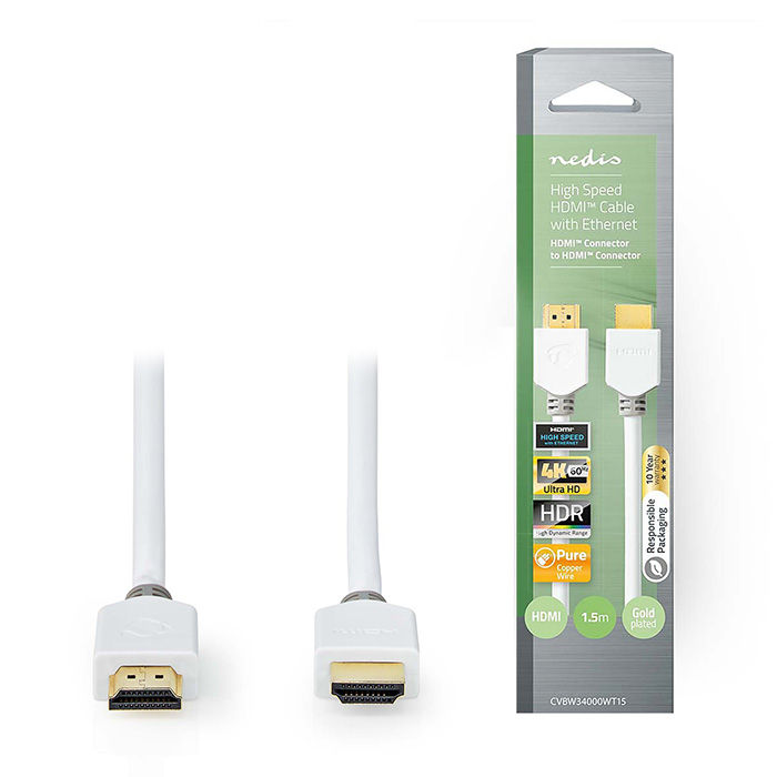High Speed HDMI Cable with Ethernet HDMI Connector 4K@60Hz 18 Gbps 1.50m White Box - NEDIS 233-2191