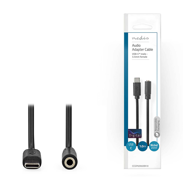 USB-C Adapter USB High-Speed,  USB-C Male - 3.5 mm Female 1.00m, black color. - NEDIS 233-2297