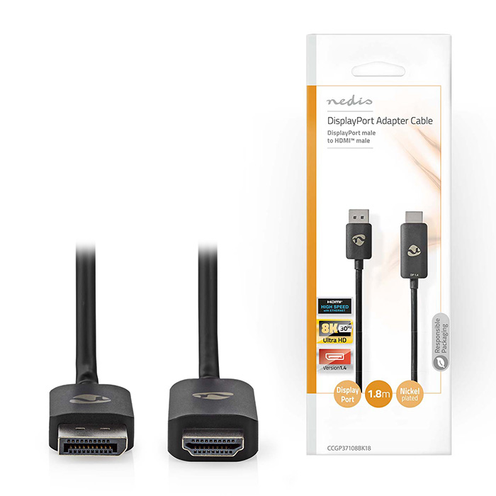 DisplayPort Adapter, DisplayPort male - HDMI connector 8K@30Hz, 1.80m. - NEDIS 233-2323