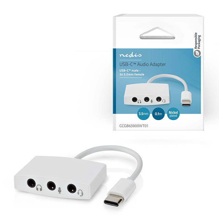 USB 2.0 adapter, USB-C male - 3.5mm female 0.10m white. - NEDIS 233-2354