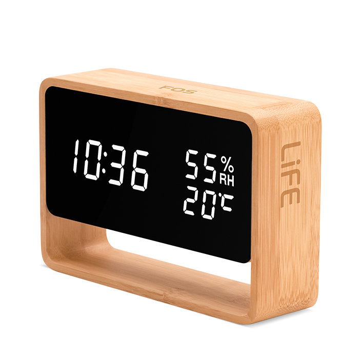 Bamboo digital indoor thermometer / hygrometer with clock, alarm function and night light. - LIFE 221-0359