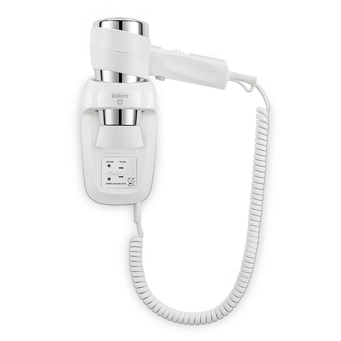 Wall-mounted hairdryer with holder and shaver socket, white. - VALERA 228-0105