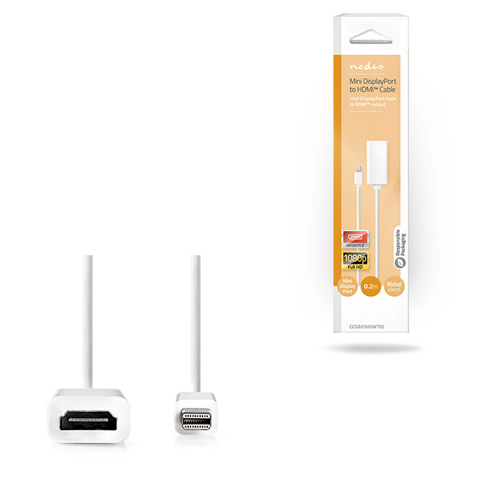 Mini DisplayPort 1.2 Cable, Mini DisplayPort Male - HDMI, 0.20m white. - NEDIS 233-2432